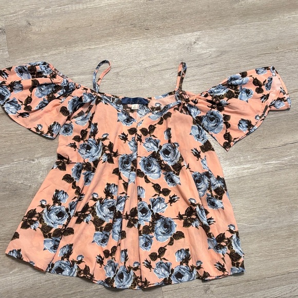 Blue Rain Floral Off-Shoulder Blouse in Peach and Blue - Picture 1 of 4
